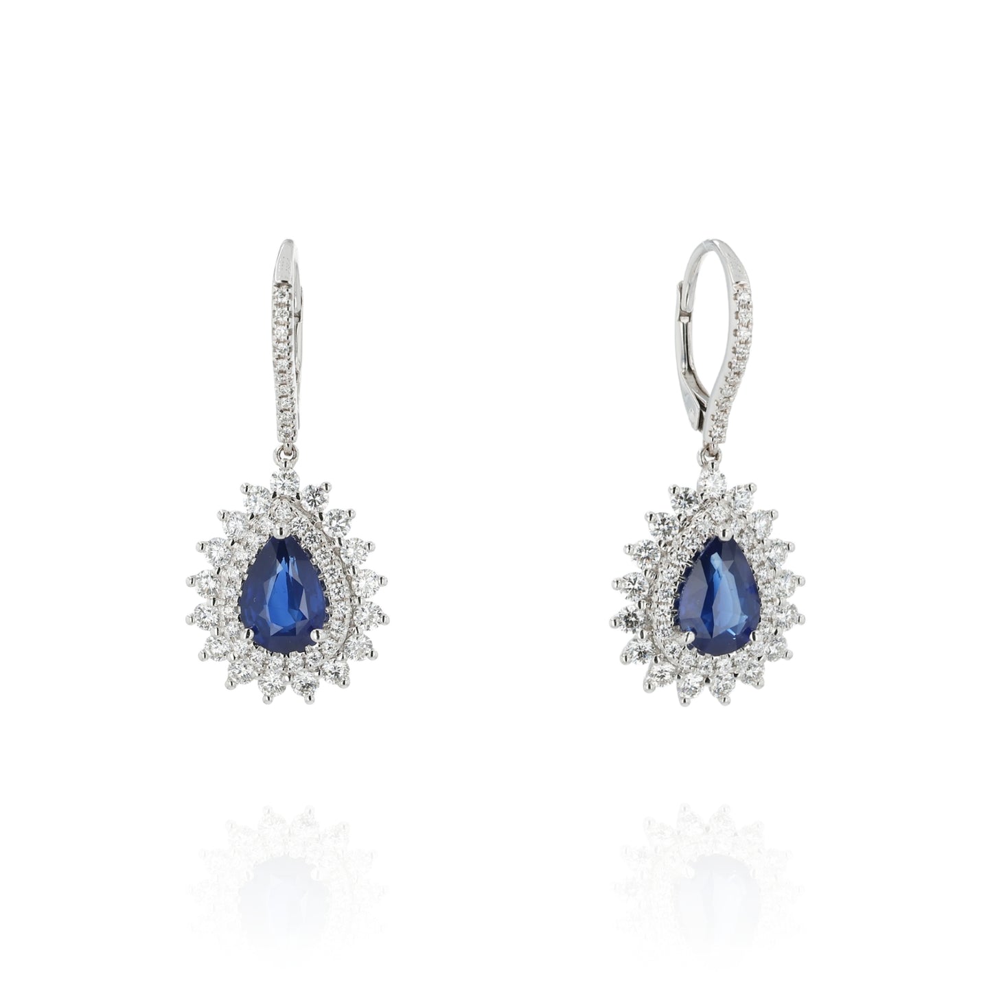 18k White Gold 2.88ct Sapphire and Diamond Double Halo Drop Earrings