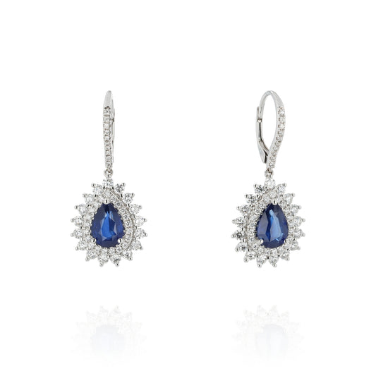 18k White Gold 2.88ct Sapphire and Diamond Double Halo Drop Earrings