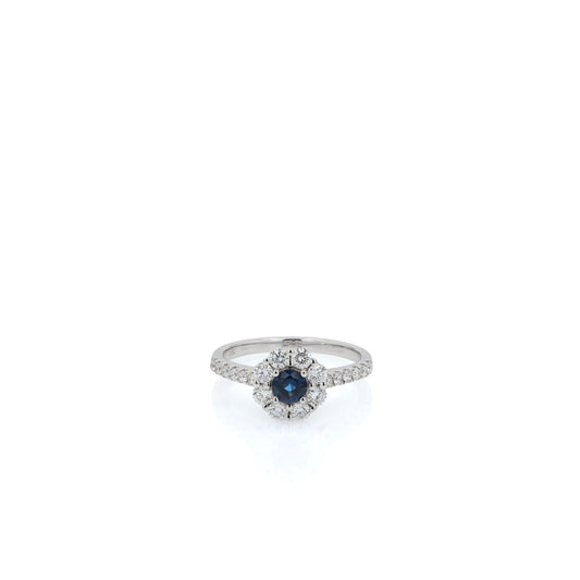 18k White Gold Sapphire and Diamond Halo and Shank Ring