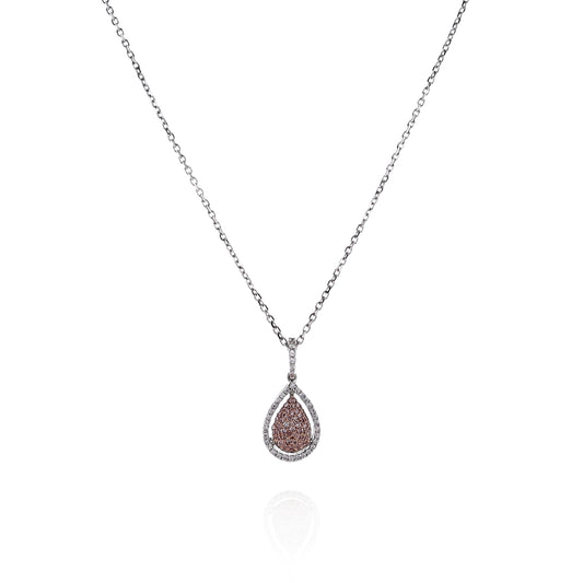 18k White Gold Pear Shaped Pink and White Diamond Halo Pendant Necklace