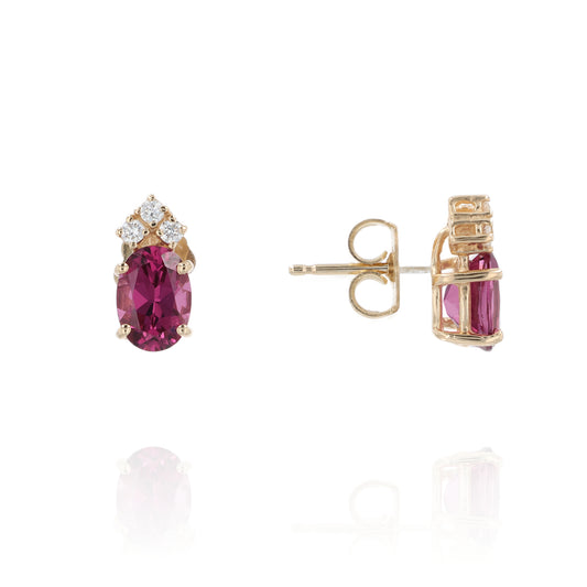 14k Yellow Gold Oval Rhodolite Garnet and Diamond Stud Earrings