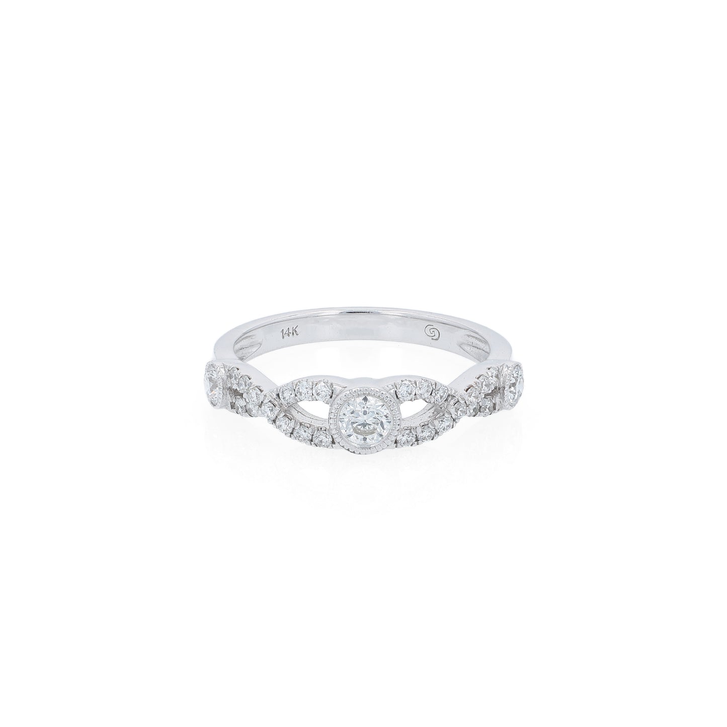 White gold ring with a diamonds on a white background