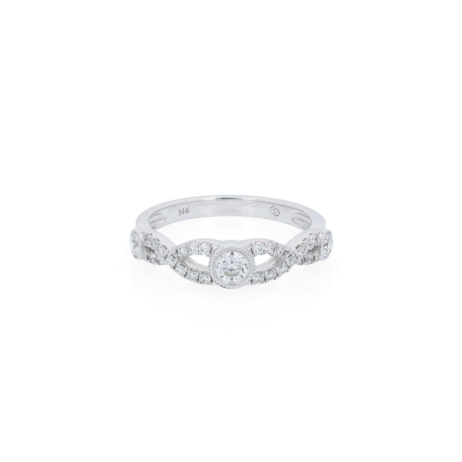 White gold ring with a diamonds on a white background