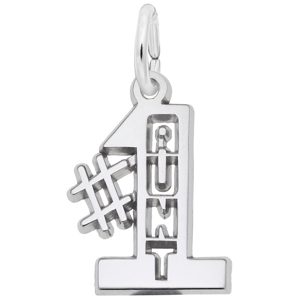 Silver '#1' charm with 'AUNT' text on a white background