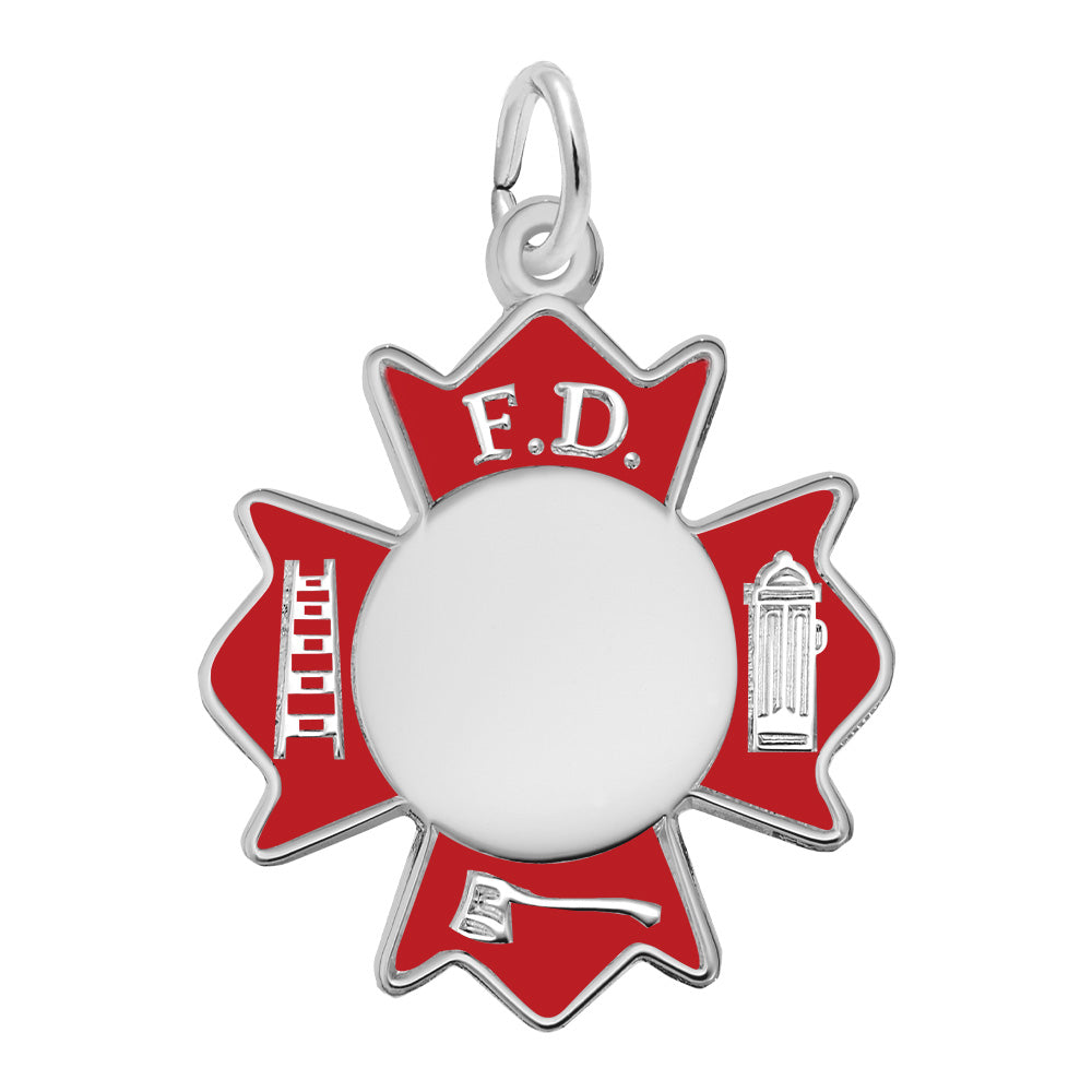 Sterling Silver Painted Fire Department Badge Charm