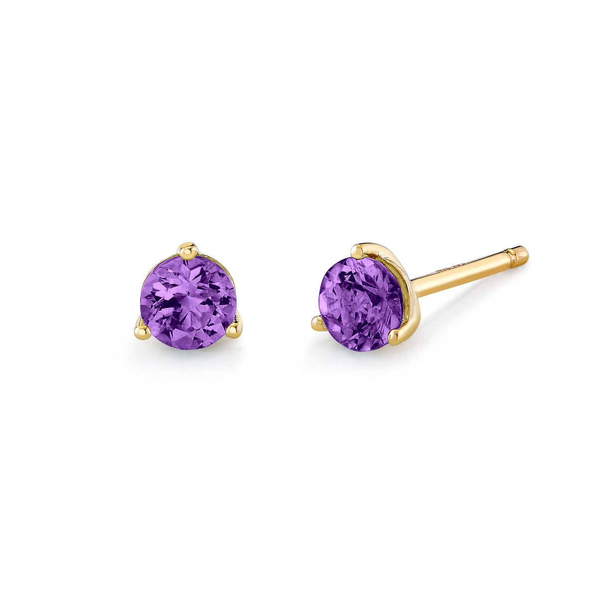 Pair of gold stud earrings with purple gemstones on a white background