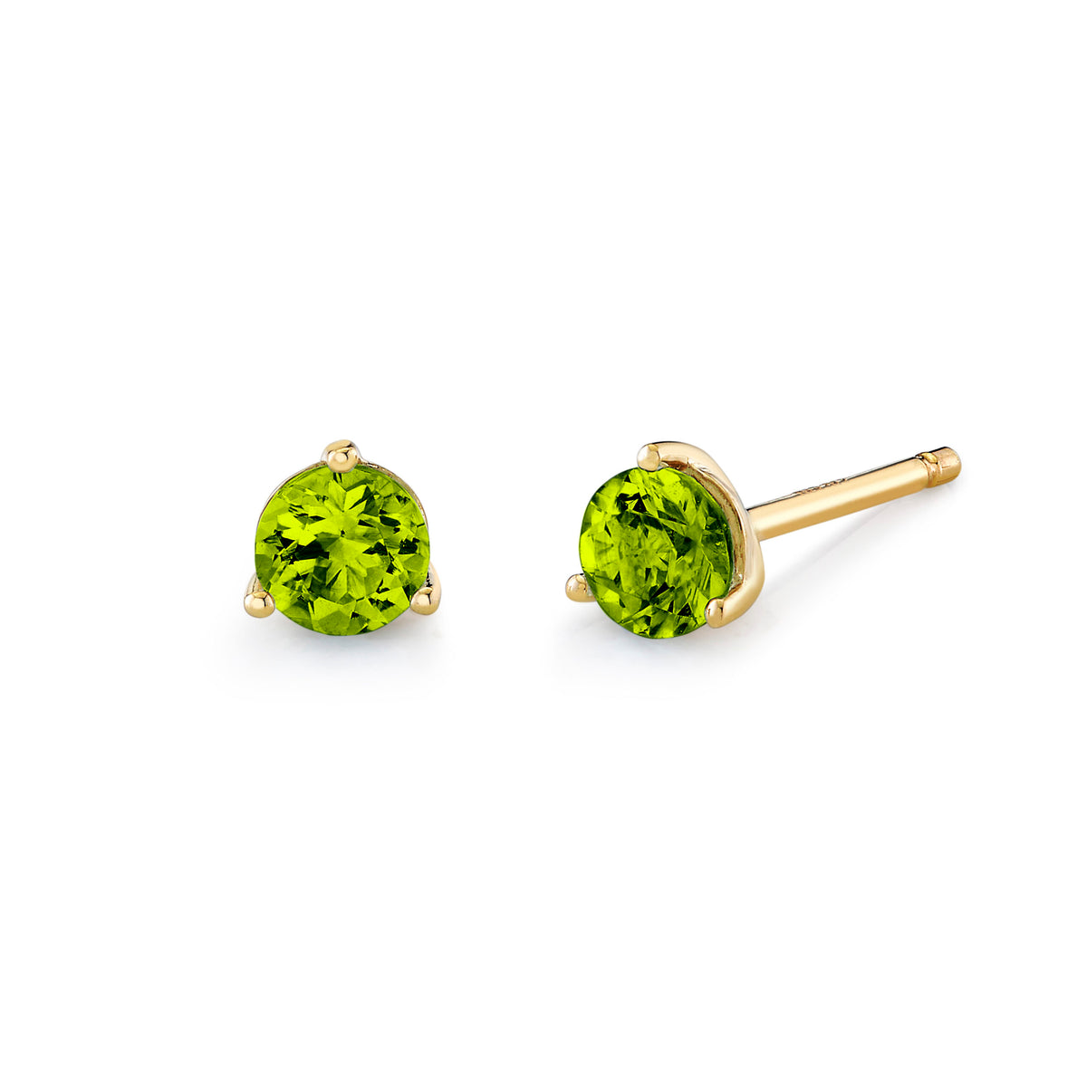 Pair of gold stud earrings with green gemstones on a white background