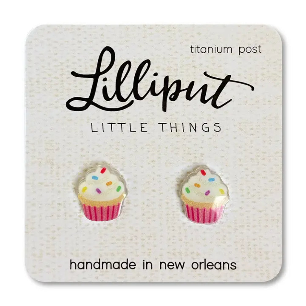 Cupcake-shaped earrings on a Lilliput Little Things branded card.