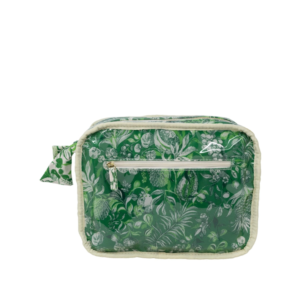 A green toiletry bag with a white botanical and floral print, featuring a top zipper, a front zippered pocket with a gold zipper pull, and a matching fabric loop handle, shown against a plain white background.