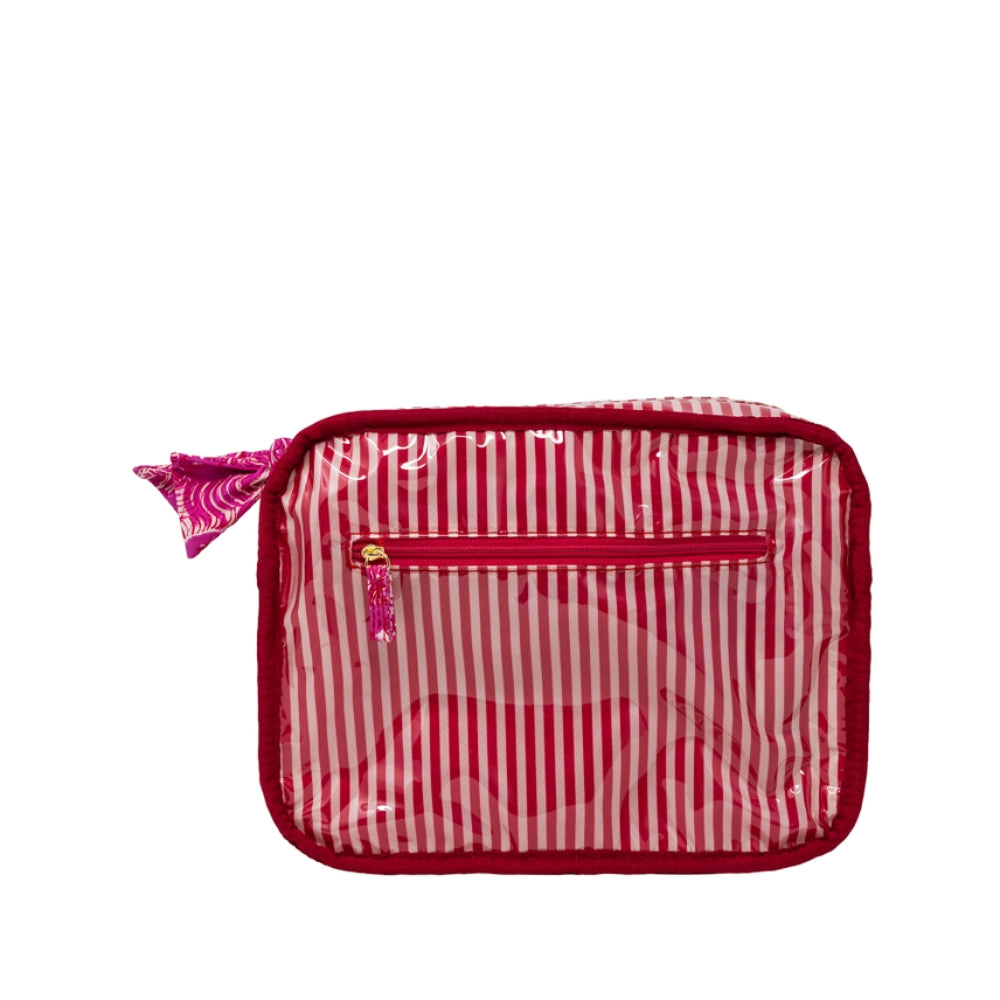 A rectangular zippered pouch with a red and white vertical stripe pattern, a red zipper, and a small pink patterned tassel charm, shown on a plain white background.