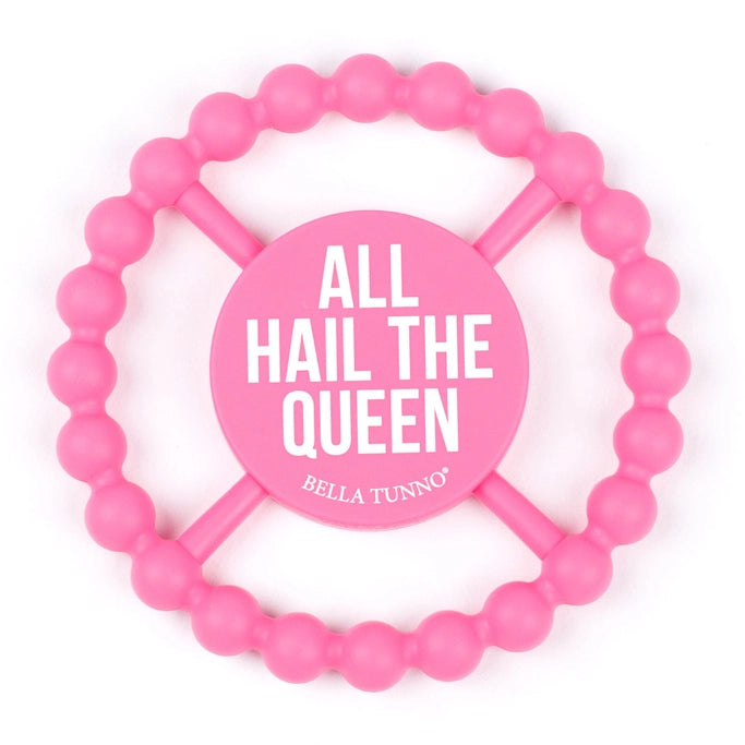 Pink beaded teether with 'All Hail The Queen' text on a white background