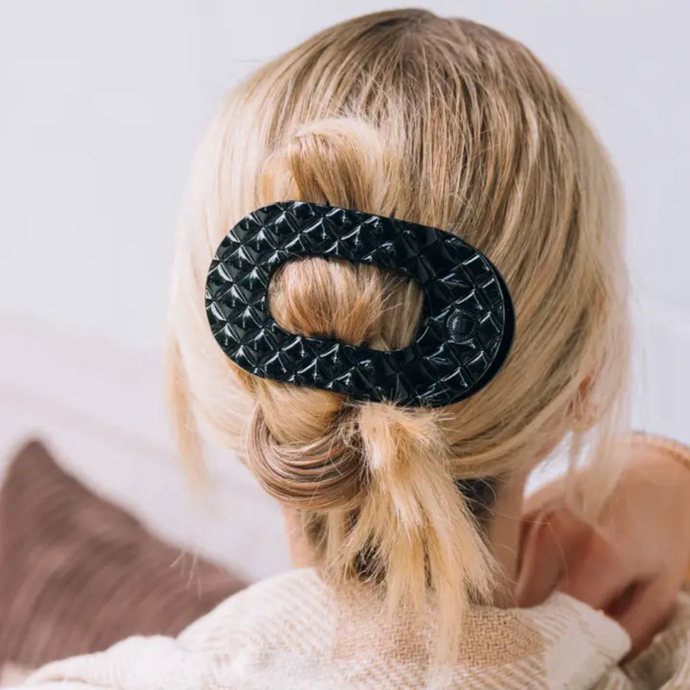 TELETIES Jet Black Quilted Flat Round Hair Clip