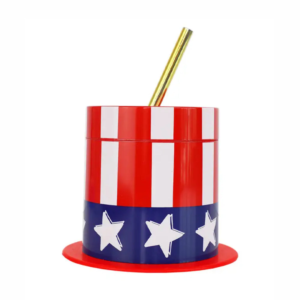 USA sipper cup with gold straw on white background.