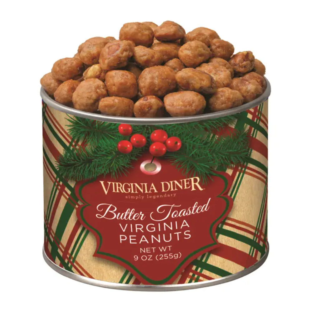 Can of Virginia Diner butter toasted Virginia peanuts with festive design