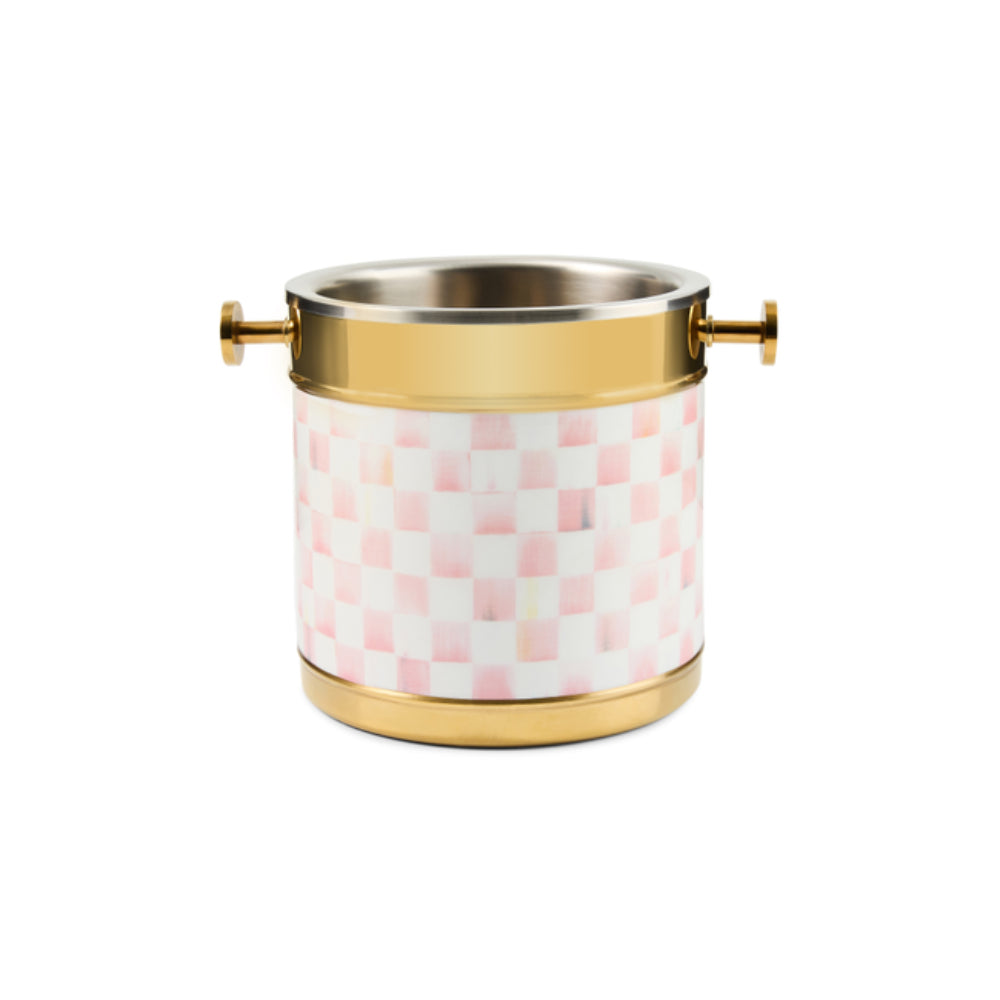 A cylindrical metal bucket-style container with a pink and white checkerboard patterned body, gold-toned top and bottom bands, and small side handles, shown on a plain white background.