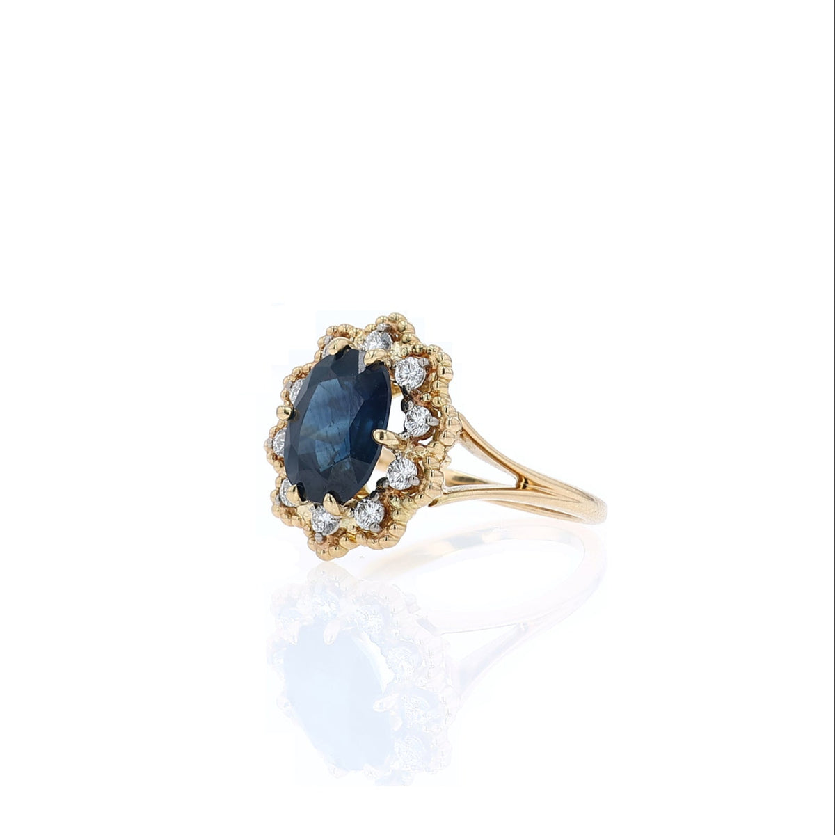 Estate Jabel 18k Yellow Gold Sapphire and Diamond Scalloped Design Ring