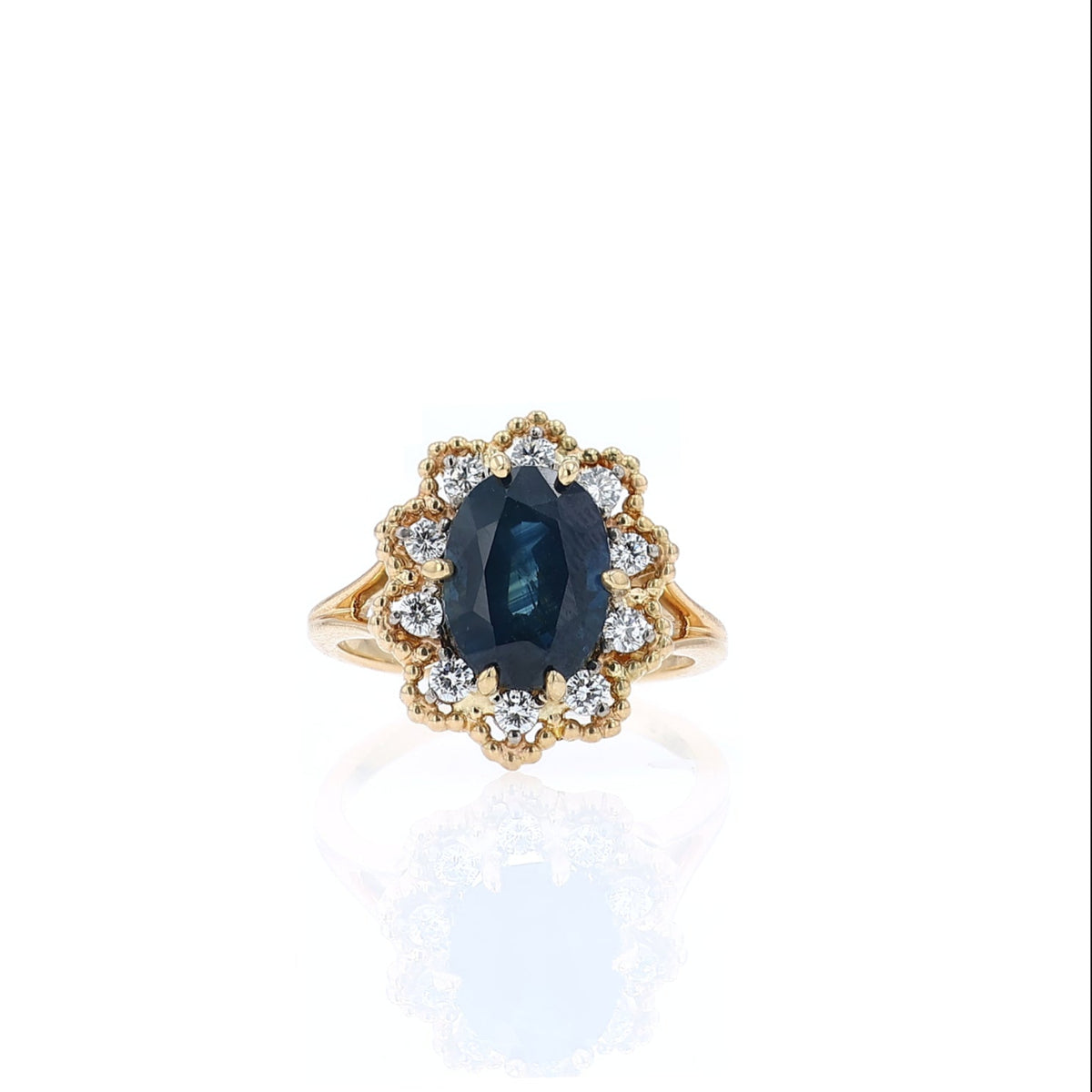 Estate Jabel 18k Yellow Gold Sapphire and Diamond Scalloped Design Ring