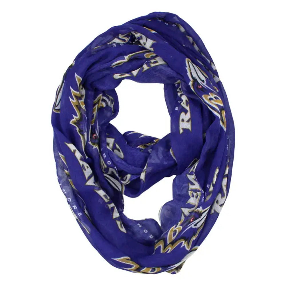 A royal purple infinity scarf featuring the Baltimore Ravens NFL team logo and text in white and gold, shown on a plain white background.