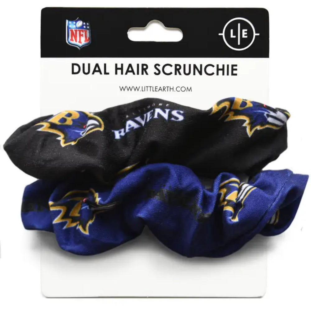 A pair of Baltimore Ravens NFL dual hair scrunchies in black and blue, packaged on a white card with an NFL logo and Little Earth branding.