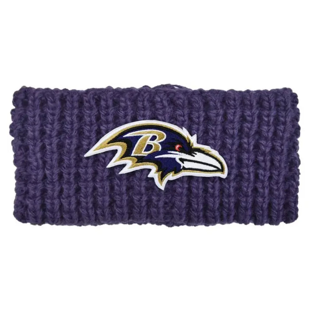 Purple knitted headband with Baltimore Ravens logo on a white background