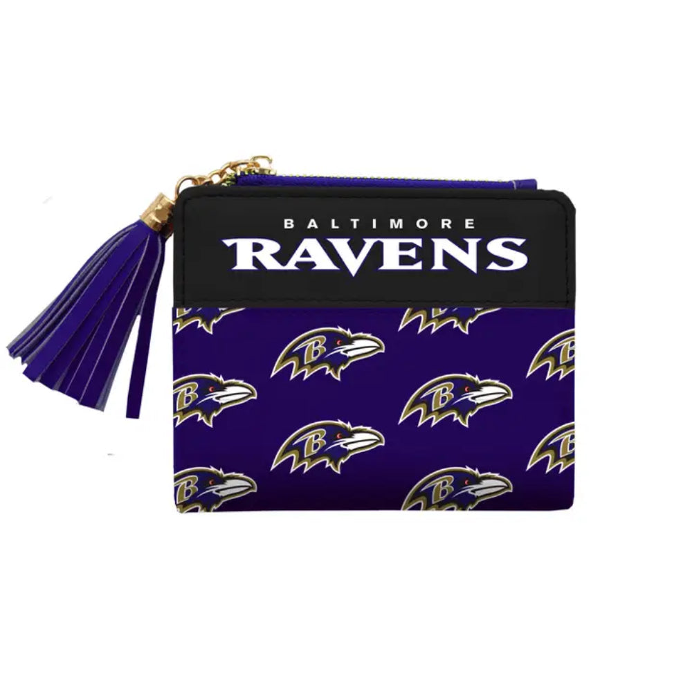 A Baltimore Ravens themed zippered wallet with a purple and black design, featuring the team logo pattern and a purple tassel charm.