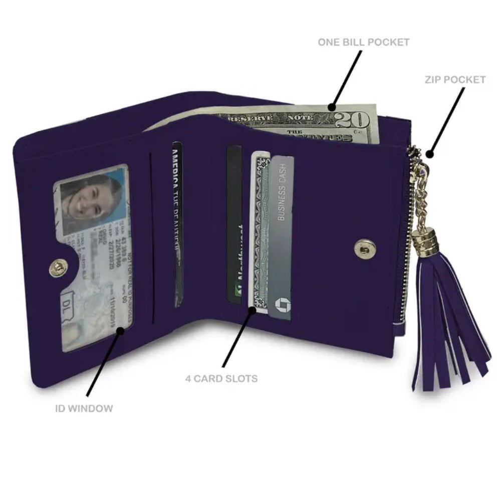 A purple bi-fold wallet shown open on a white background with black callout lines and labels pointing to features such as one bill pocket, zip pocket, ID window, 4 card slots, and tassel zipper pull.