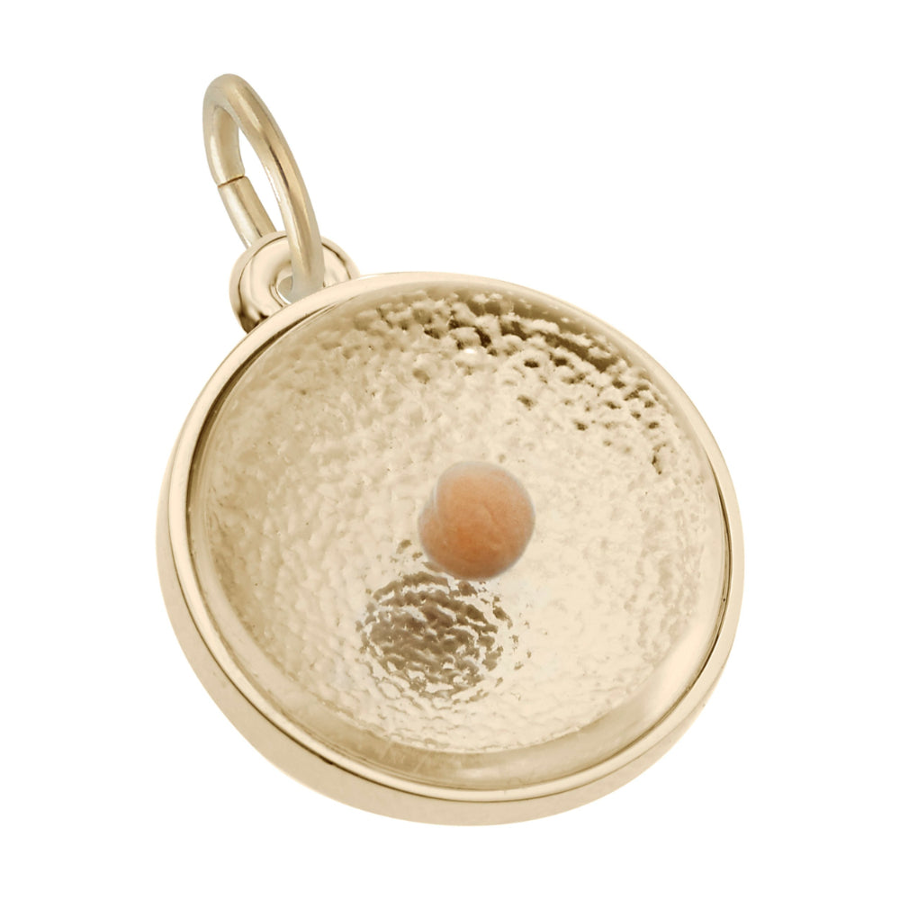 Gold pendant with a textured surface on a white background