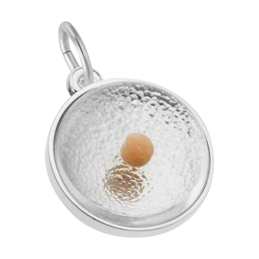 Silver pendant with a textured surface and a small round object inside on a white background