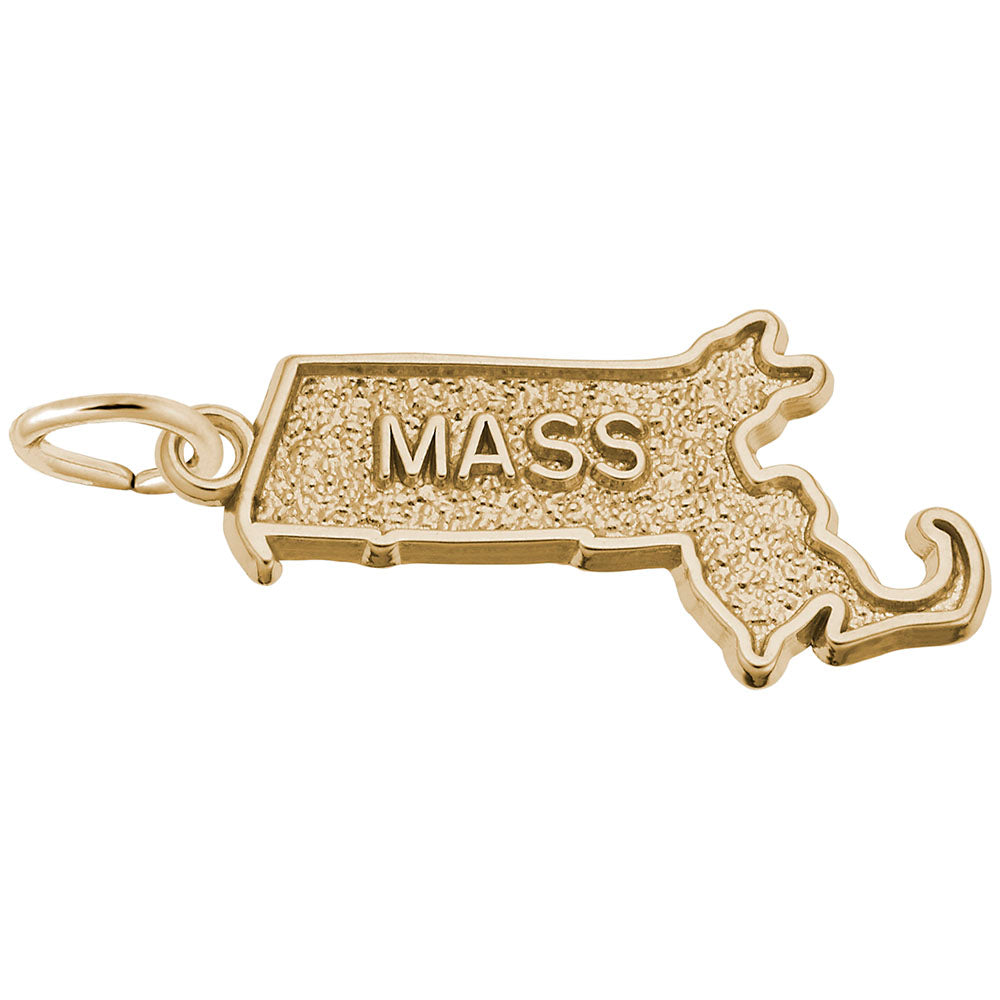 Gold charm shaped like the state of Massachusetts with 'MASS' text , shown on a white background