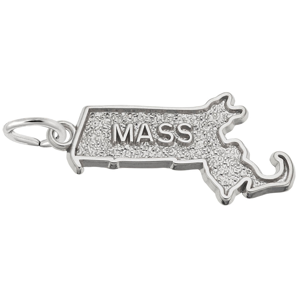 Silver charm shaped like the state of Massachusetts with 'MASS' text , shown on a white background