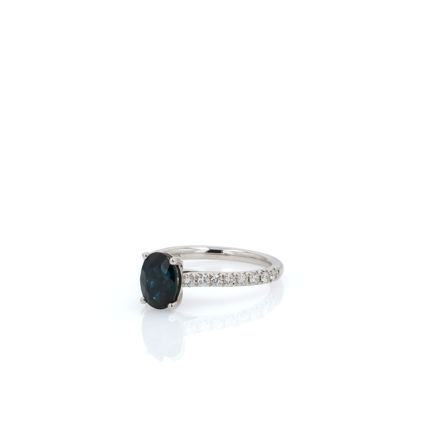 14k White Gold Oval Sapphire and Diamond Shank Ring