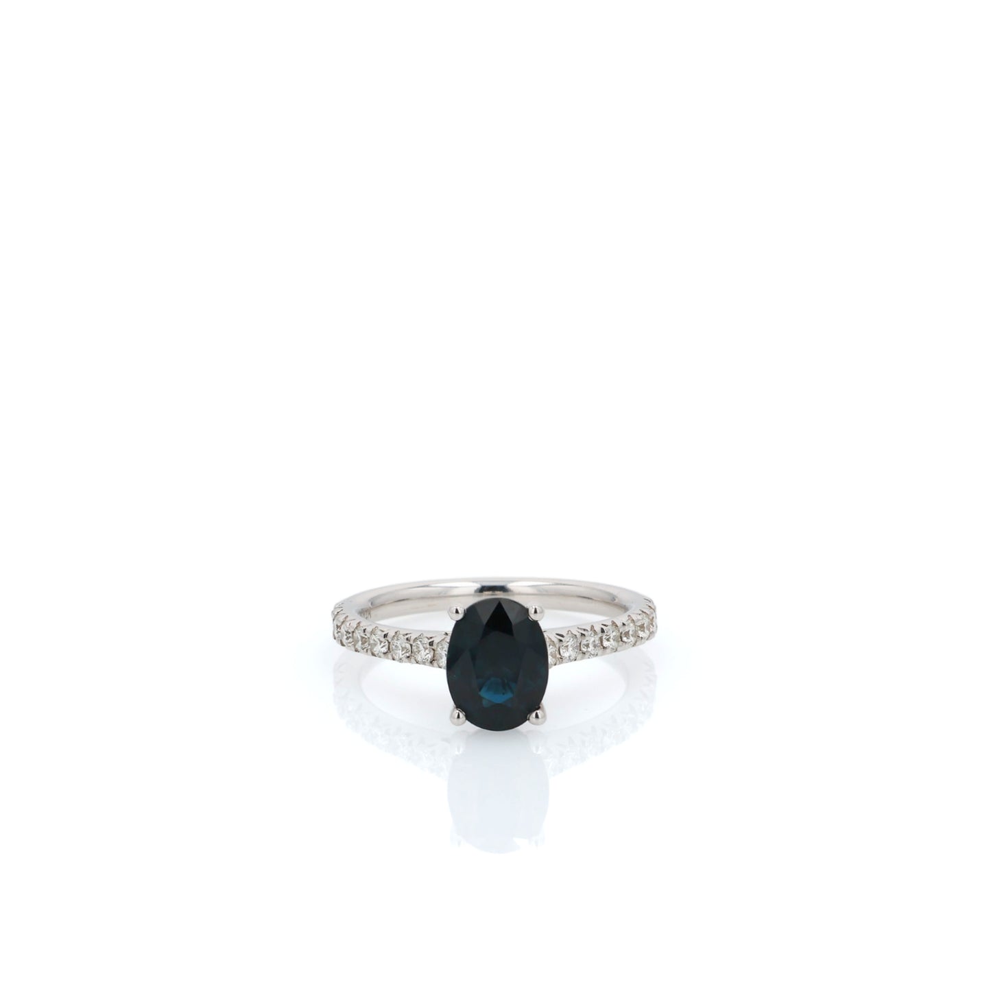 14k White Gold Oval Sapphire and Diamond Shank Ring