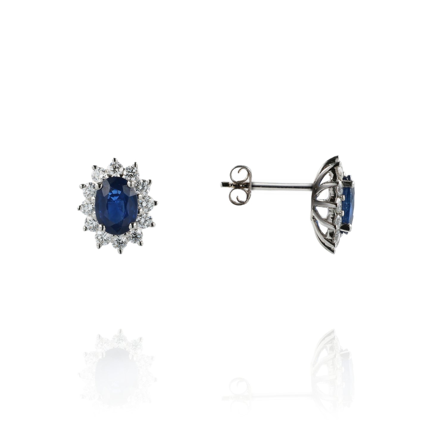 18k White Oval Sapphire and Diamond Halo Stud Earrings