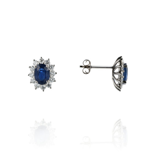 18k White Oval Sapphire and Diamond Halo Stud Earrings