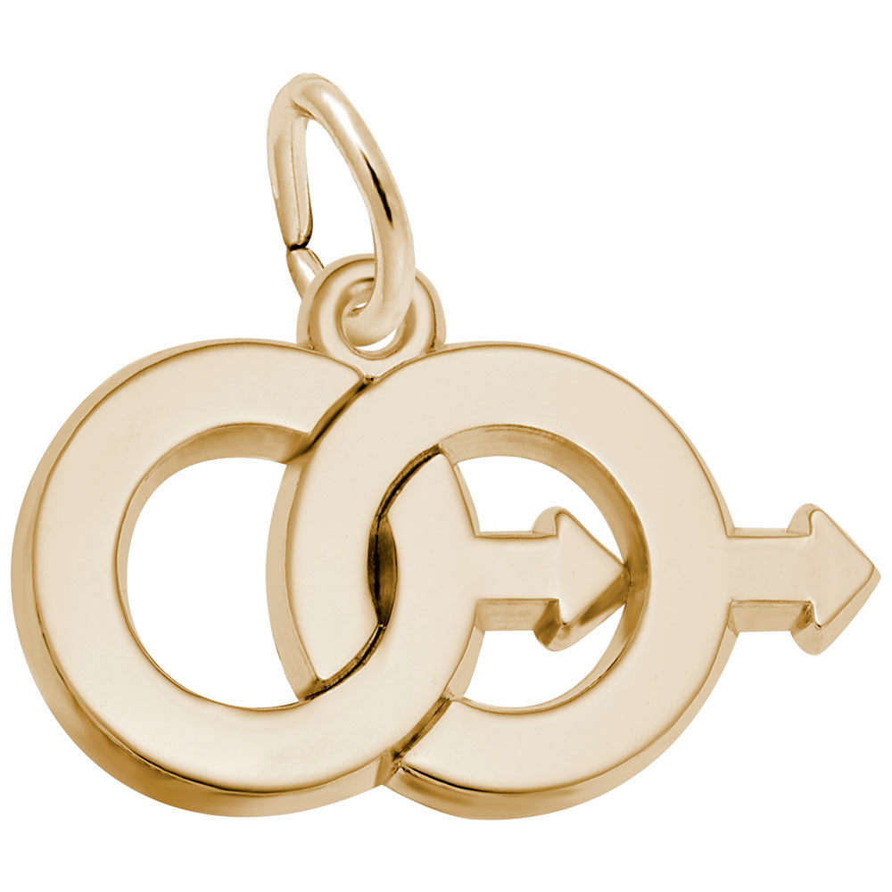 Gold interlocking male gender symbol charm on a white background