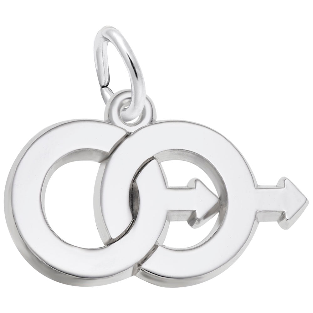 Silver interlocking male gender symbol charm on a white background