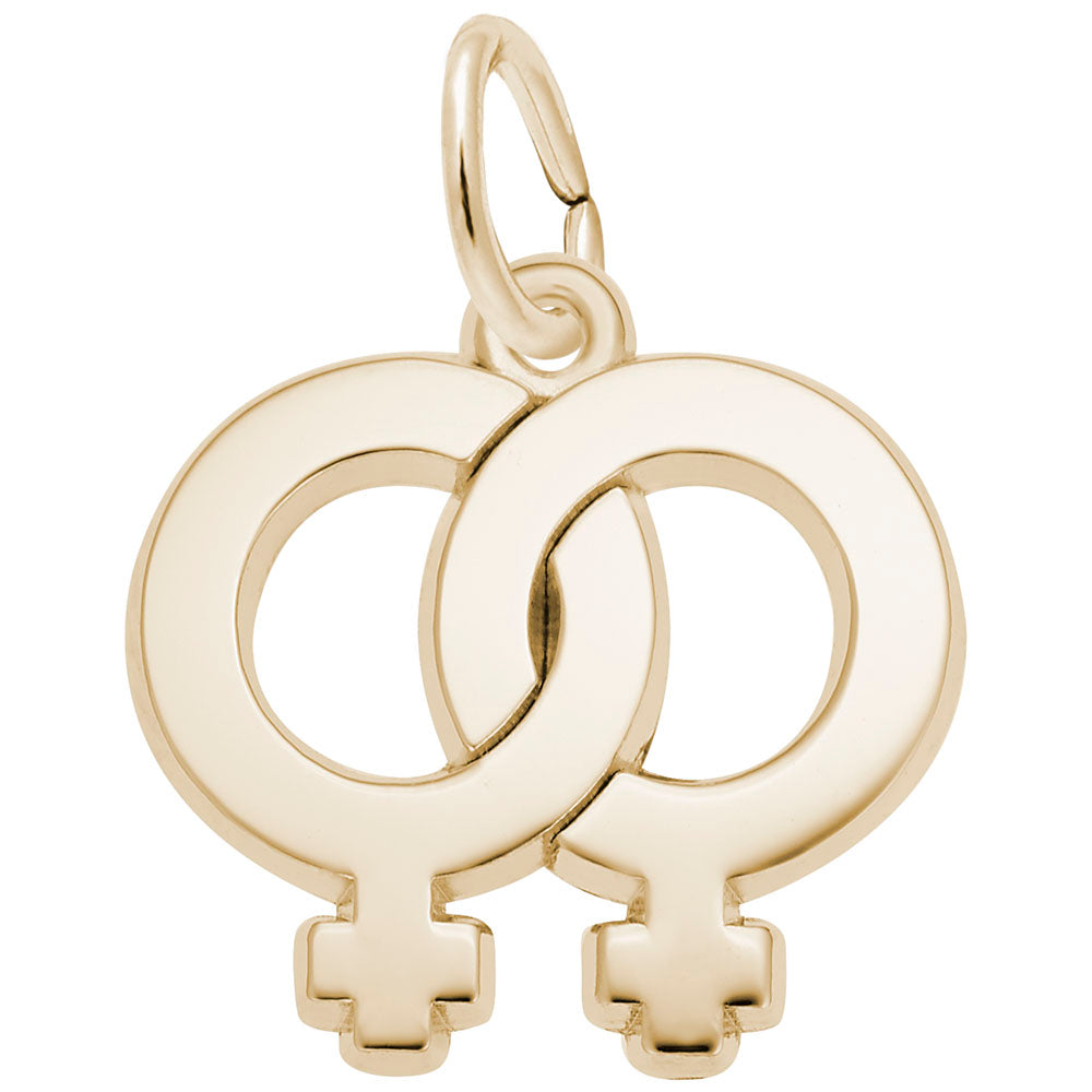 Gold interlocking female gender symbol charm on a white background