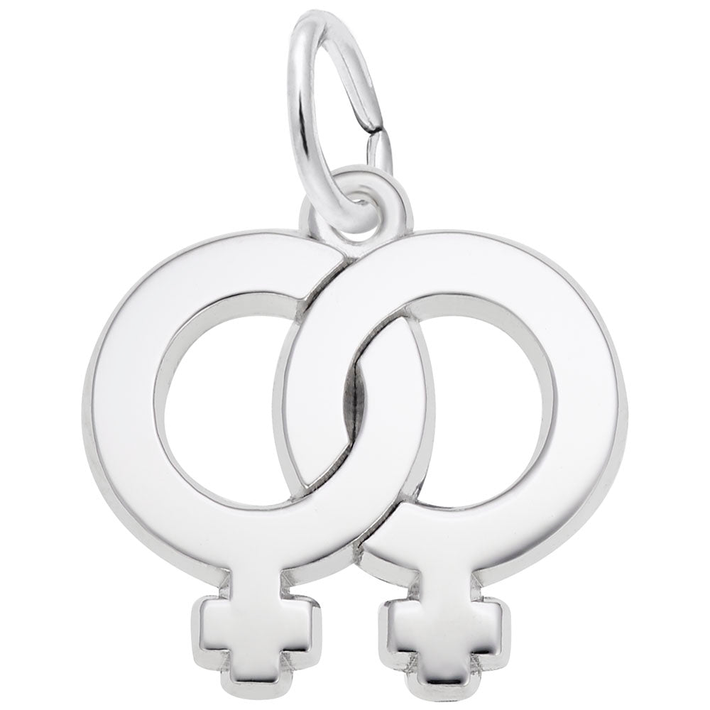 Silver interlocking female gender symbol charm on a white background