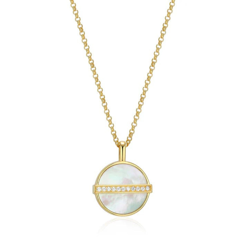 A gold chain necklace with a round Mother of Pearl pendant featuring a horizontal pave row row of small clear stones across the center.