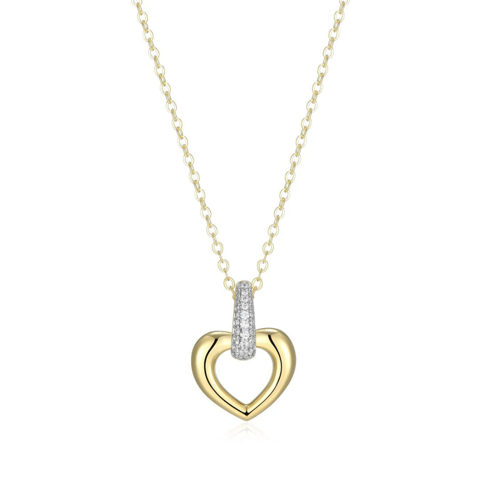 A gold heart pendant necklace with a pavé-set clear stone bar, shown on a delicate gold chain 