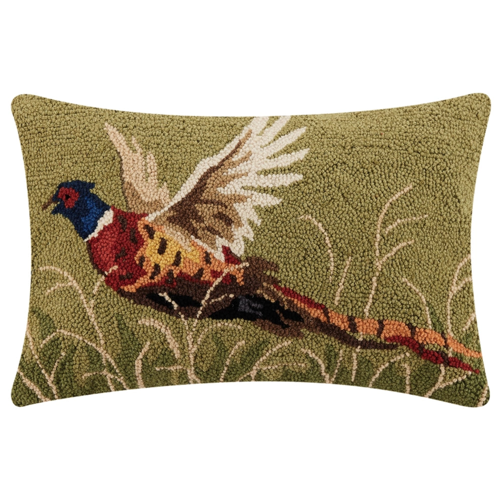 Decorative pillow with a pheasant design on a green background