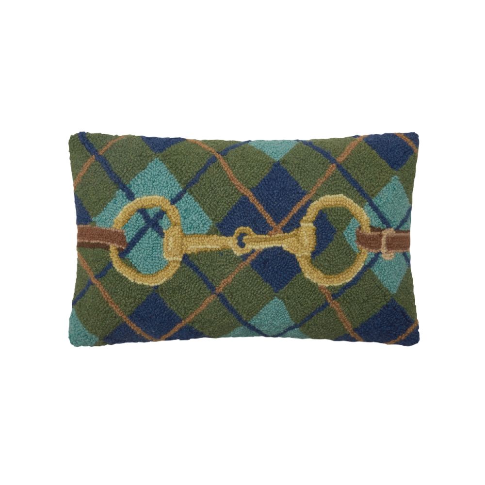 Rectangular throw pillow with a plaid pattern and a decorative equestrian-style buckle design in the center.