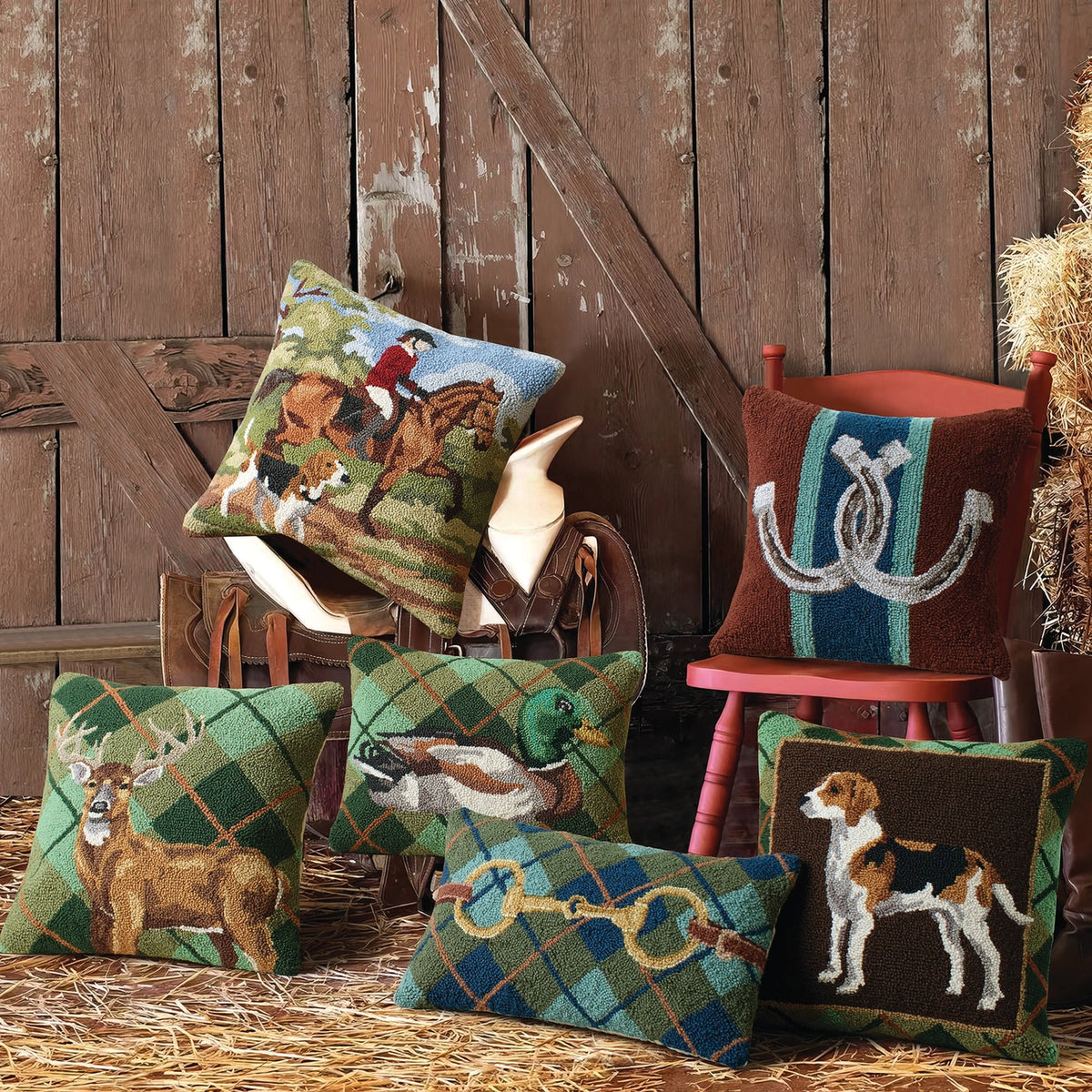 A barnyard display of decorative pillows.