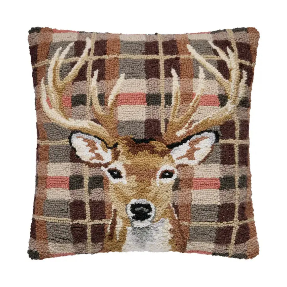 A Deer pillow with various colors on a white background. 