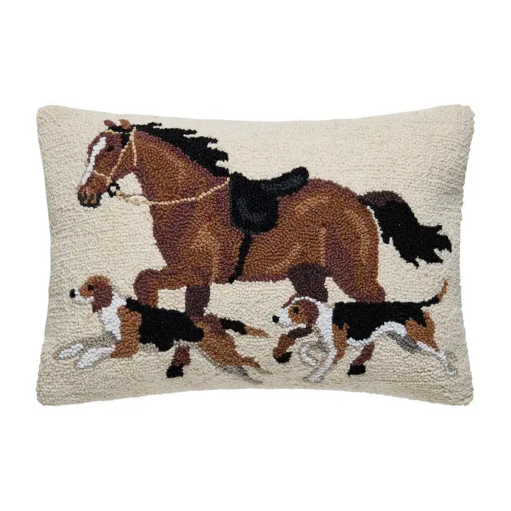 Decorative pillow with horse and dog design on a white background