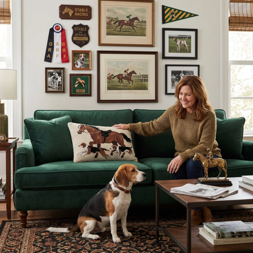 Woman sitting on a green sofa with a dog, surrounded by framed pictures and a decorative pillow featuring a horse.