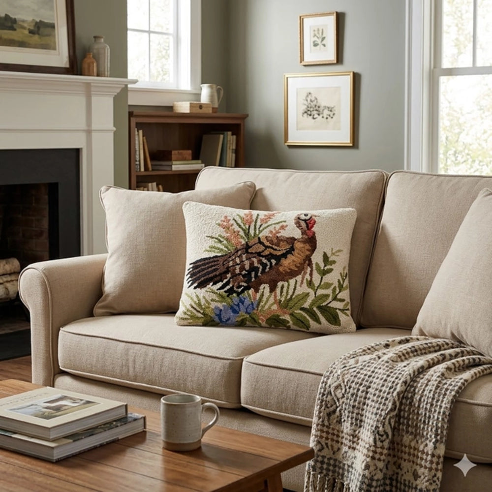 Living room with a beige sofa, decorative pillow, and coffee table.