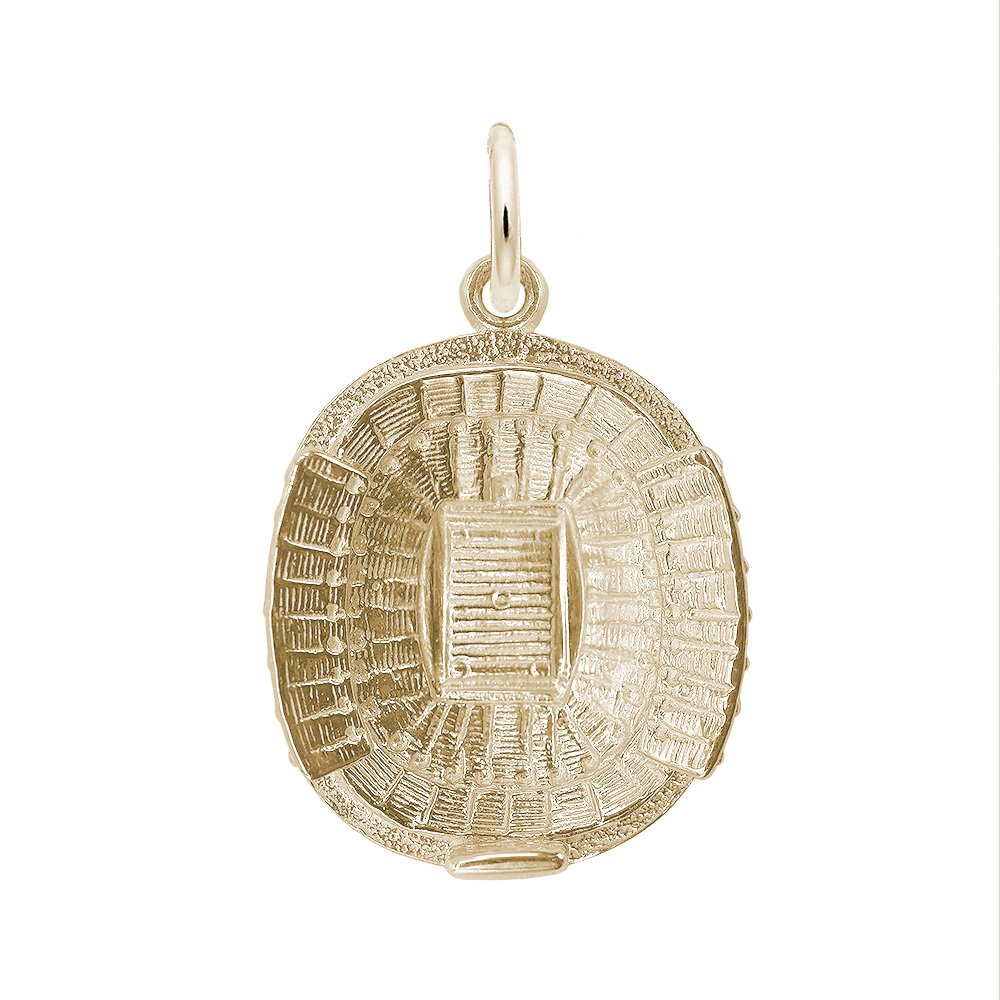 Top down view of a gold stadium-shaped charm with detailed textured carvings, shown on a plain white background.