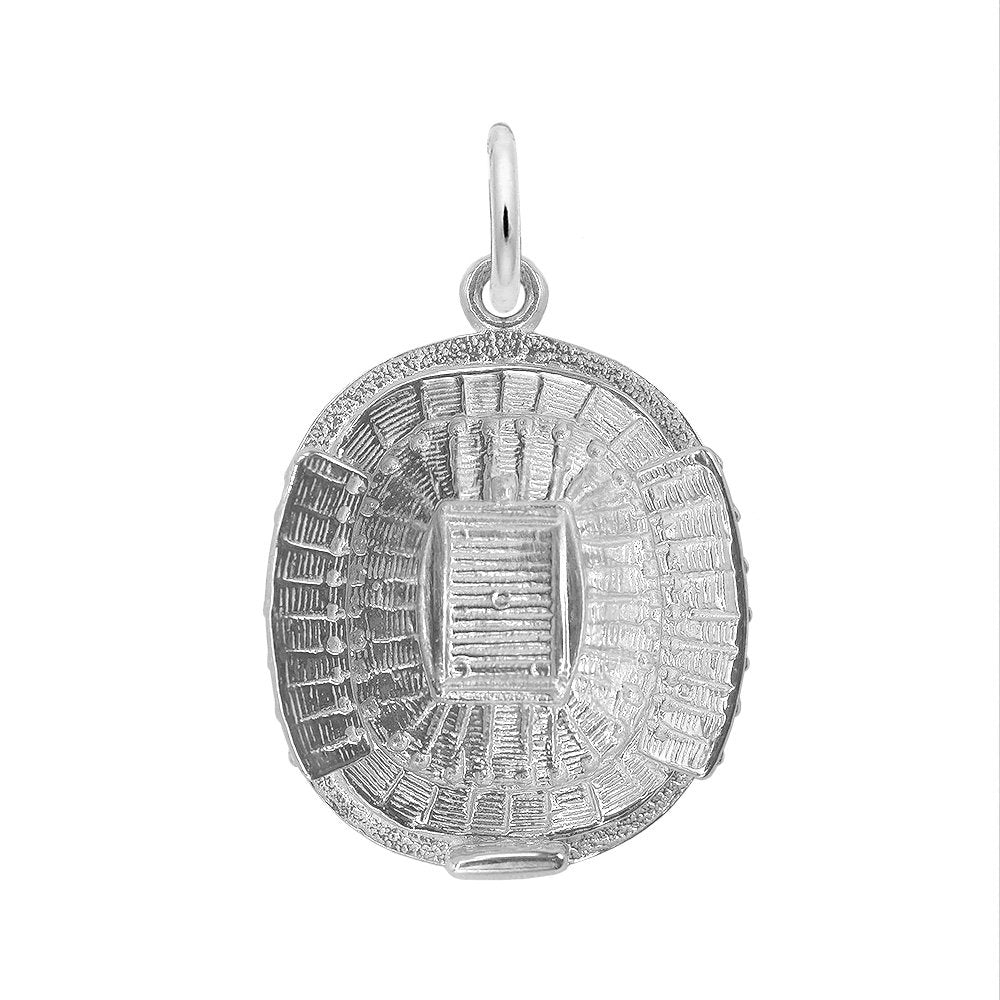 Top down view of a silver stadium-shaped charm with detailed textured carvings, shown on a plain white background.