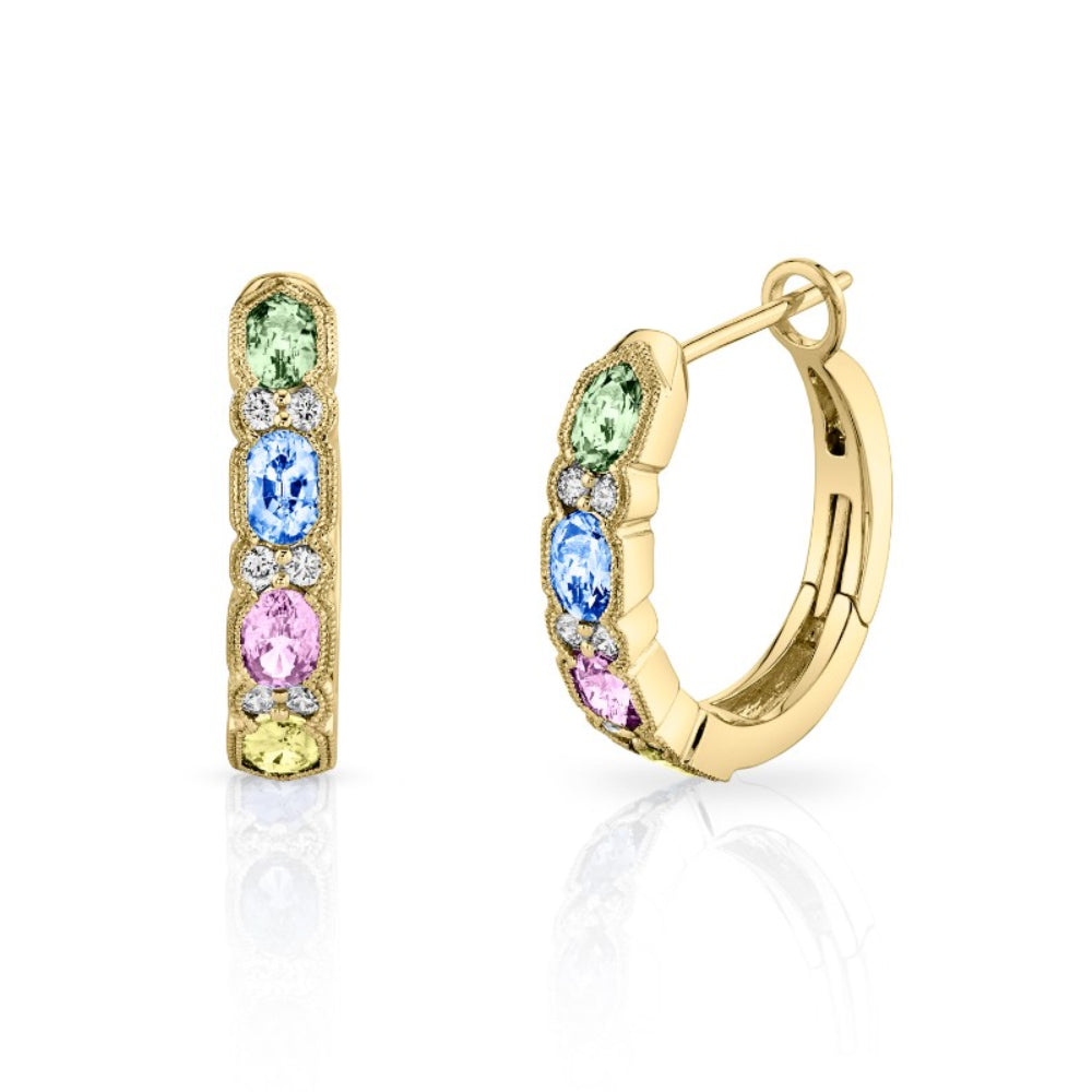 Gold hoop earrings with multicolored sapphires and alternating diamond accents on a white background